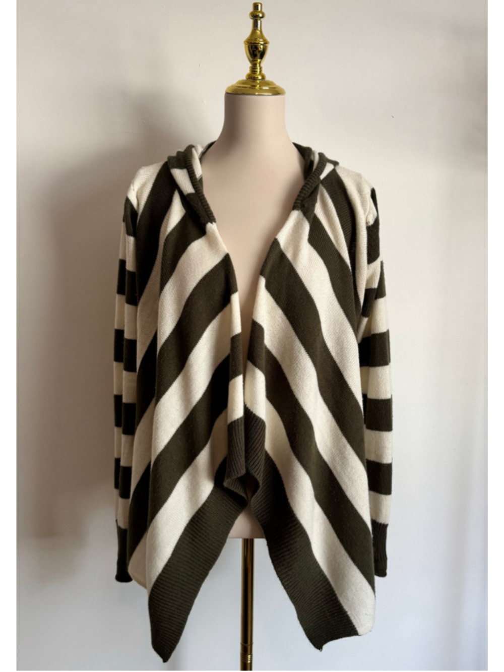 Women's Wet Seal Striped Hooded Cardigan Sweater Olive White Size L